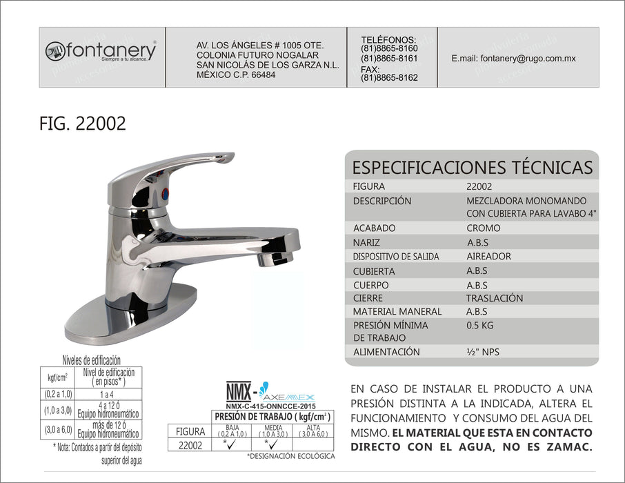 Fontanery Mezcladora Para Lavabo Compacta Acabado Cromo Modelo 22002