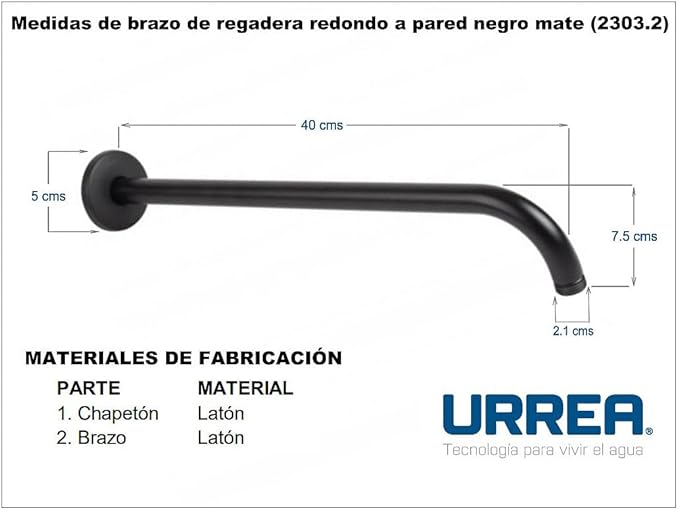 Urrea Brazo Para Regadera Tubular Recto 40cm Color Negro Modelo 2303.2