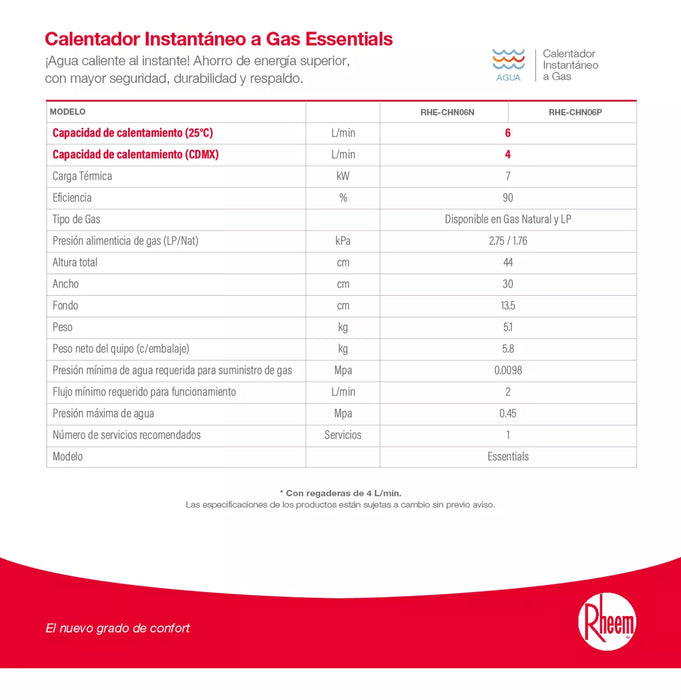Rheem Calentador De Agua Instantáneo Essentials 6 L/min Para 1 Servicio Gas Lp